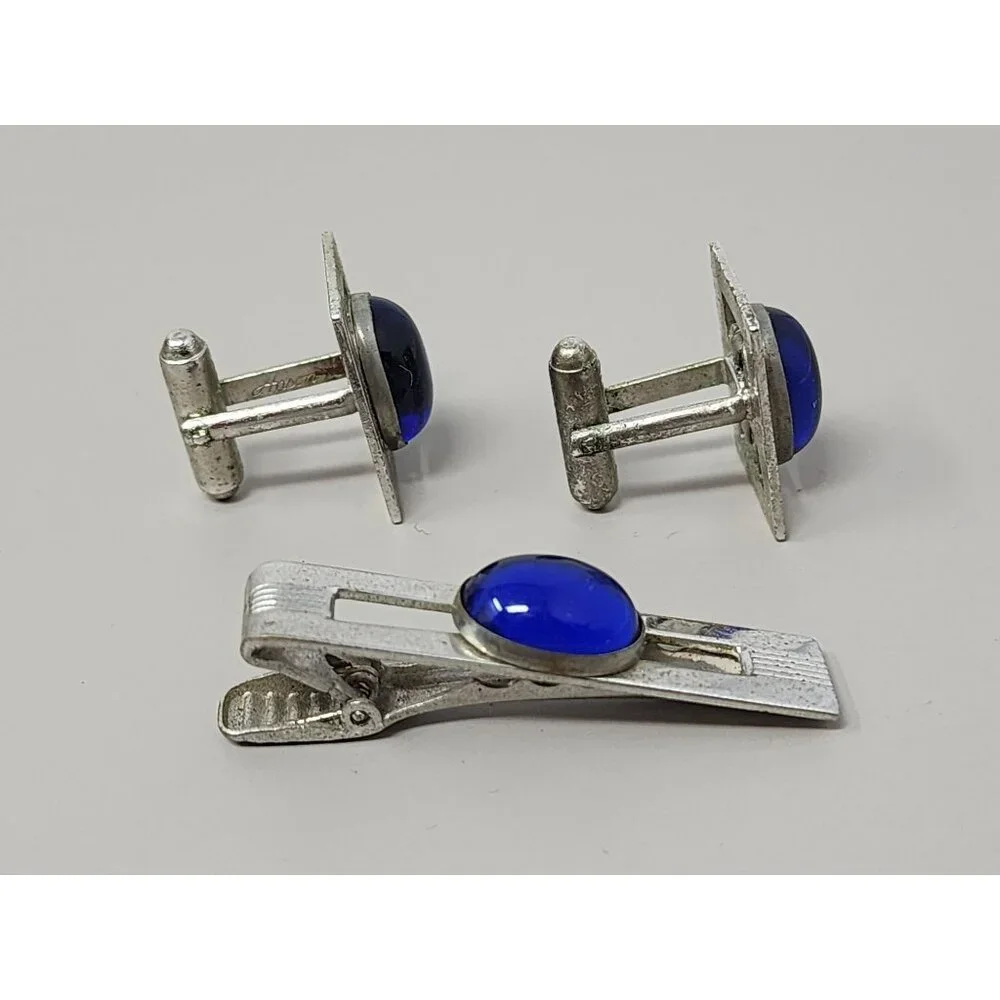 Vintage Tie Clip &‎ Cufflinks Signed ANSON Cobalt Blue Lucite & Silver